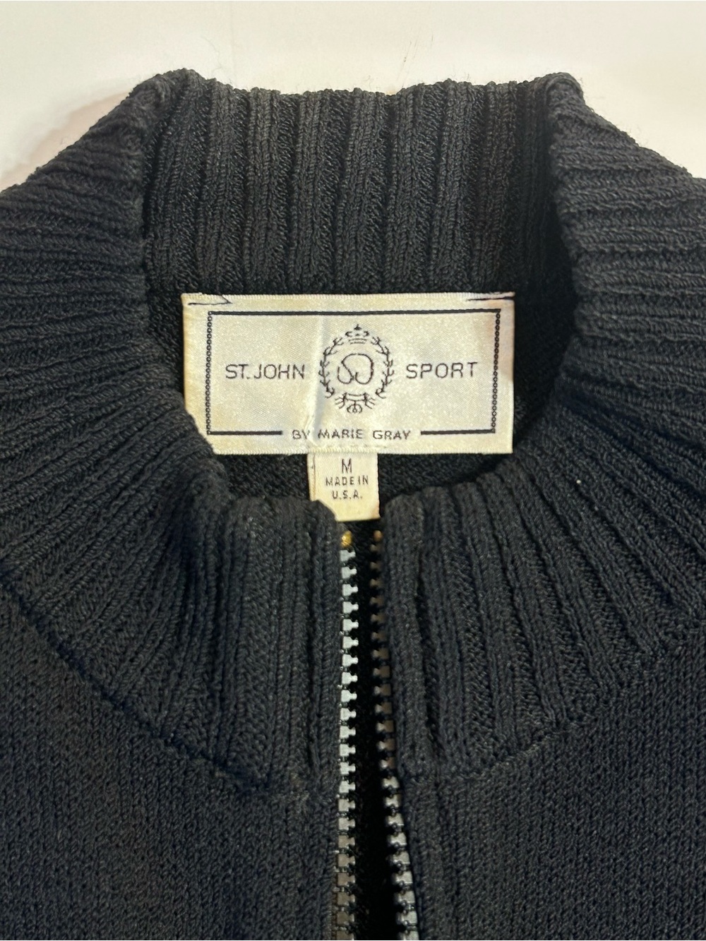 St. John Sport sweater cardigan Knit Zip Up Black Vintage Size medium  FLAWED